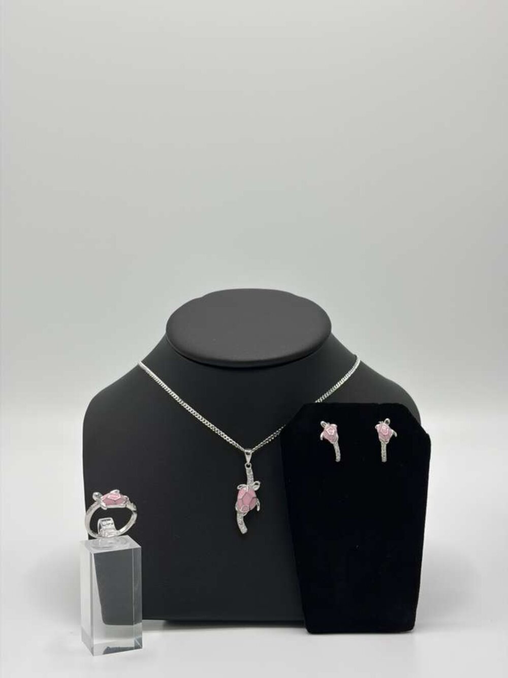 925 Sterling Silver Pink Turtle Necklace 18" with Earrings and Ring Set